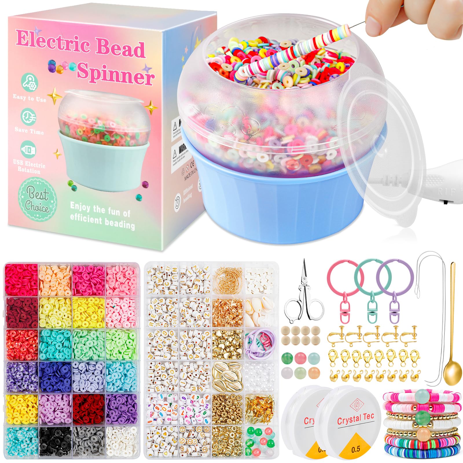 Hicdaw All-in-One Electric Bead Spinner with 7200 PCS Clay Beads for Necklaces and Bracelets, Efficient Jewelry Making Kit, Perf