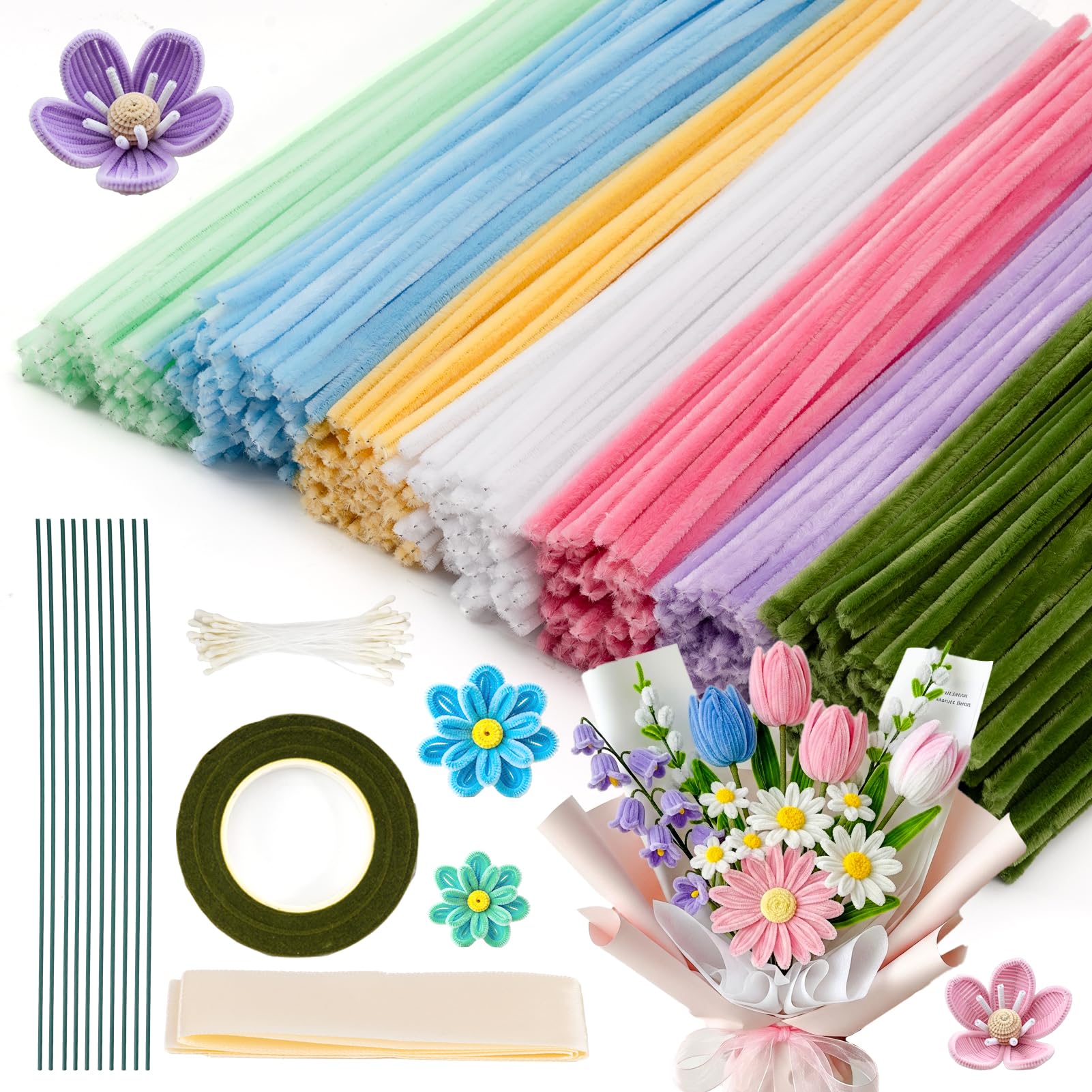 Caydo 500 Pieces Pipe Cleaners Flower Set, Chenille Stems, Pipe Cleaner Craft Supplies Bulk Fluffy Fuzzy Sticks for DIY Art Proj