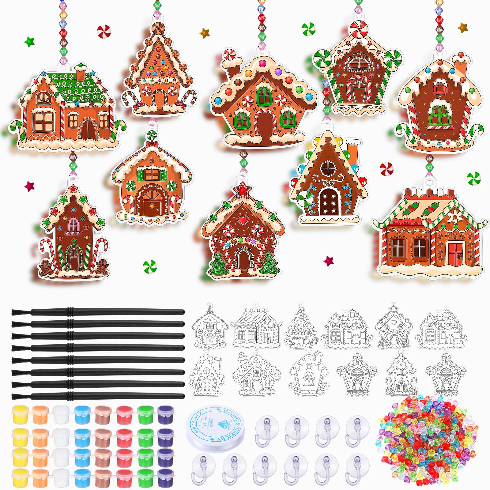 Beeveer 30 Sets Christmas Gingerbread House Suncatchers Window Art Kits, DIY Suncatchers Bulk Crafts Paint Your Own Window Ornam