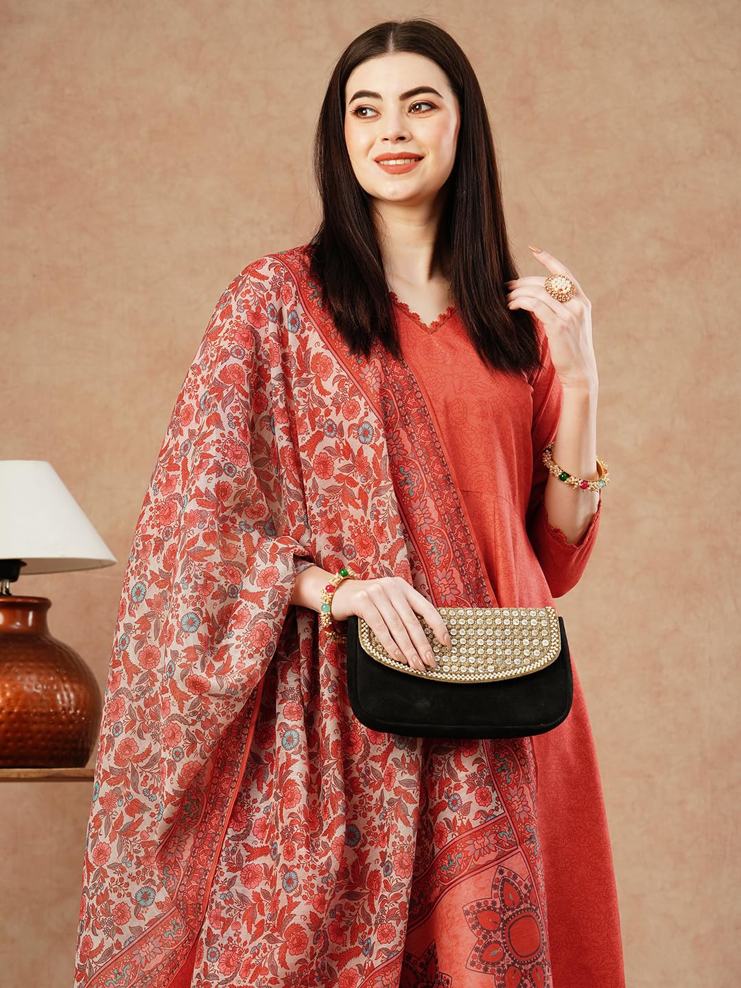 Anni Designer Women'S Cotton Blend Anarkali Solid Kurta With Pant & Dupatta (Utsav Peach-Fka_L_Peach_Large),Peach,L,Cotton Blend,Anarkali,Kurta, Scarf