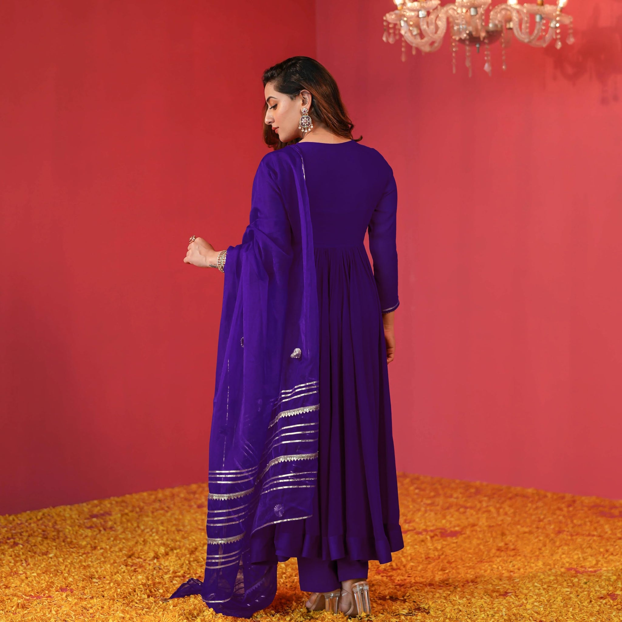 Gosriki Women'S Rayon Blend Anarkali Solid Kurta With Pant & Dupatta (Jaynti Begani-Vks01-Gs_S_Begani_Small),Begani,,B0DGQT2S4H