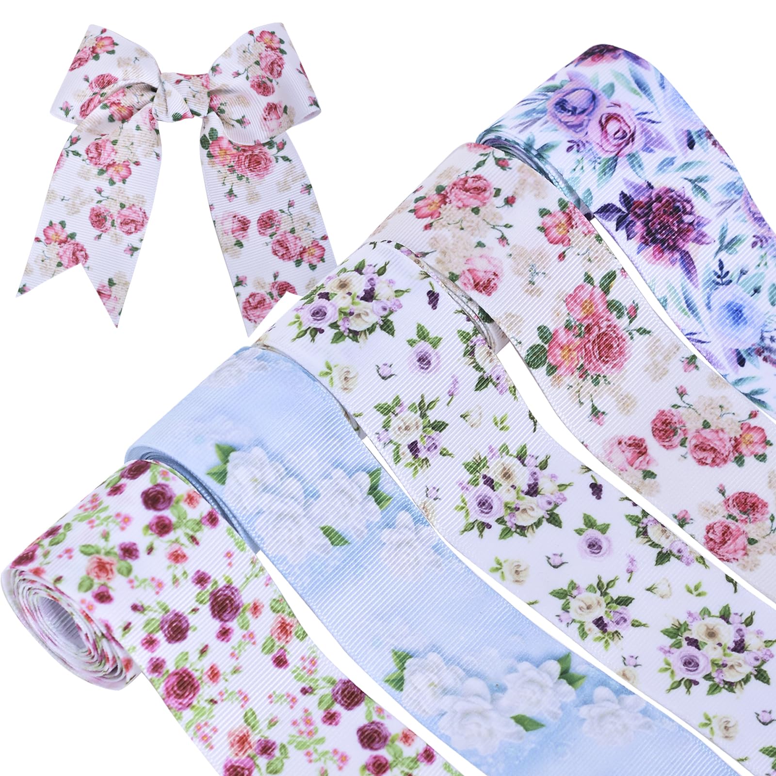 Floral Grosgrain Ribbon, 5 Rolls Flower Pattern Ribbon Spring Summer Fabric Decorative Craft Ribbon Roll for Gift Wrapping Decor