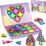 MEIQ 42-Piece Mini Magnetic Tiles Travel Set with Metal Storage Box - Portable STEM Building Blocks for Kids Ages 3-8, Montessor