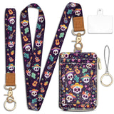 Day of The Dead Lanyard Wallet with ID Badge Holder, Skull Small RFID Wallet Women Keychain Wristlet, Slim Credit Card Holder wi