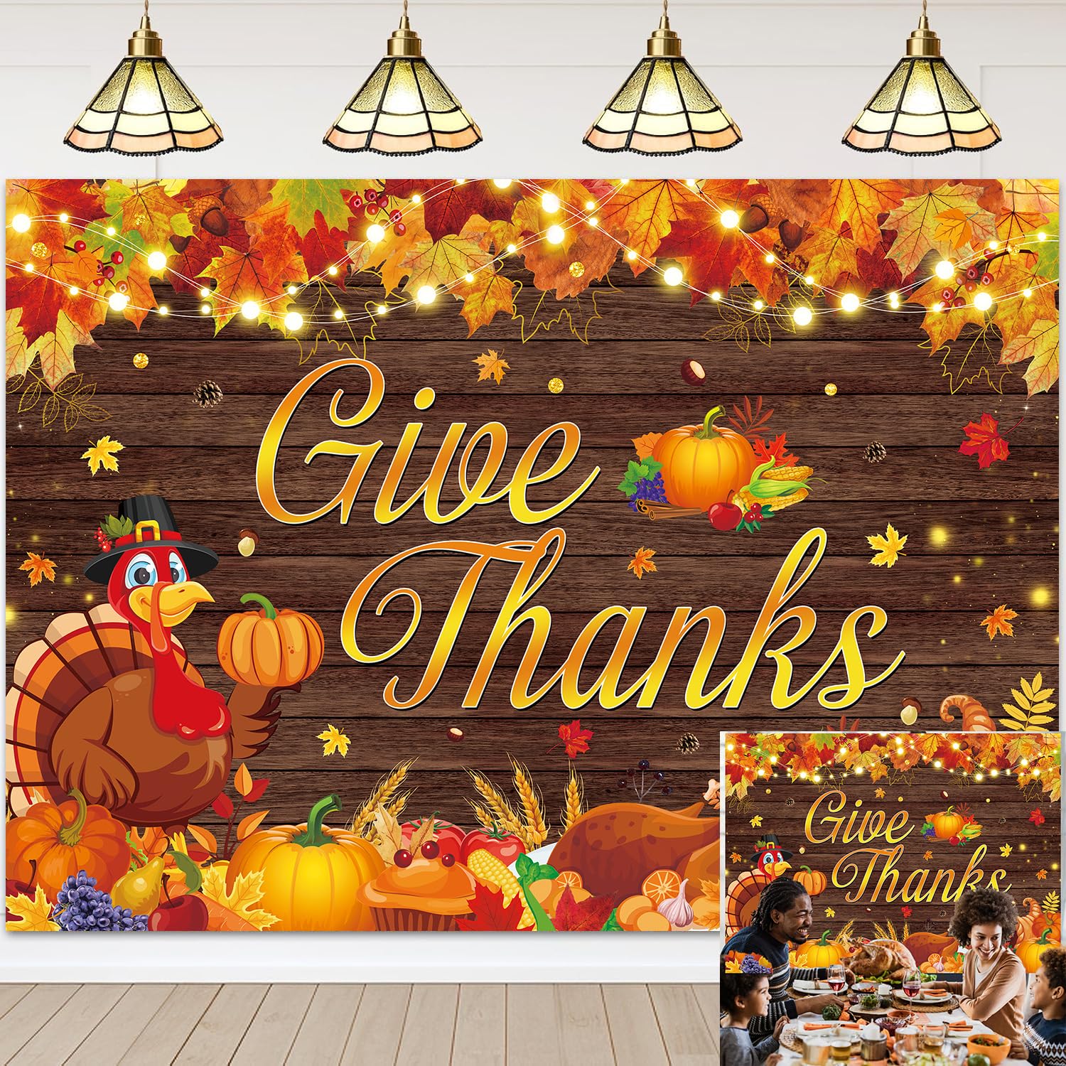 Happy Thanksgiving Backdrop Give Thanks Fall Harvest Photography Background Maple Leaves Turkey Pumpkin Themed Banner for Thanks
