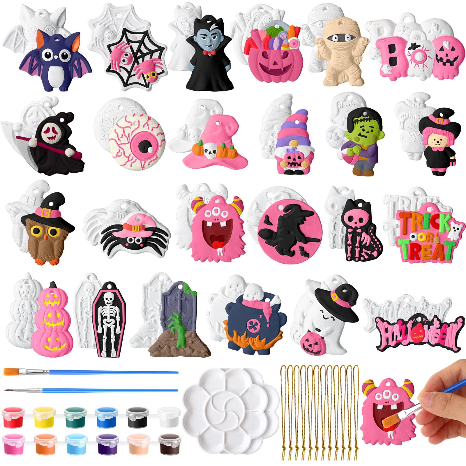 Seenelling 24 Sets Halloween DIY Painting Kits Paint Your Own Ceramics Pumpkin Ghost Unpainted Plaster Statues Arts and Crafts w