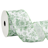 Floral Wired Edge Ribbon Roll Green Flower Ribbon Chinoiserie Fabric Ribbon for Wreath Bow Making DIY Crafts Gift Wrapping, 12 Y