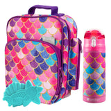 Bentology Kids Lunch Bag Set w Matching Reusable Water Bottle & Hard Ice Pack Pink Purple Mermaid Insulated Tote, Stainless St