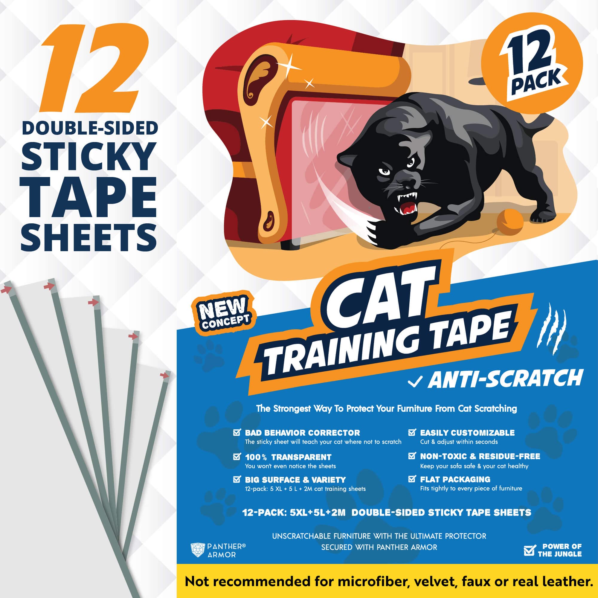 Panther Armor Cat Scratch Deterrent Tape - 12 Double Sided Anti Scratching Sticky Tape - Cat Furniture Protector - Cat Training 