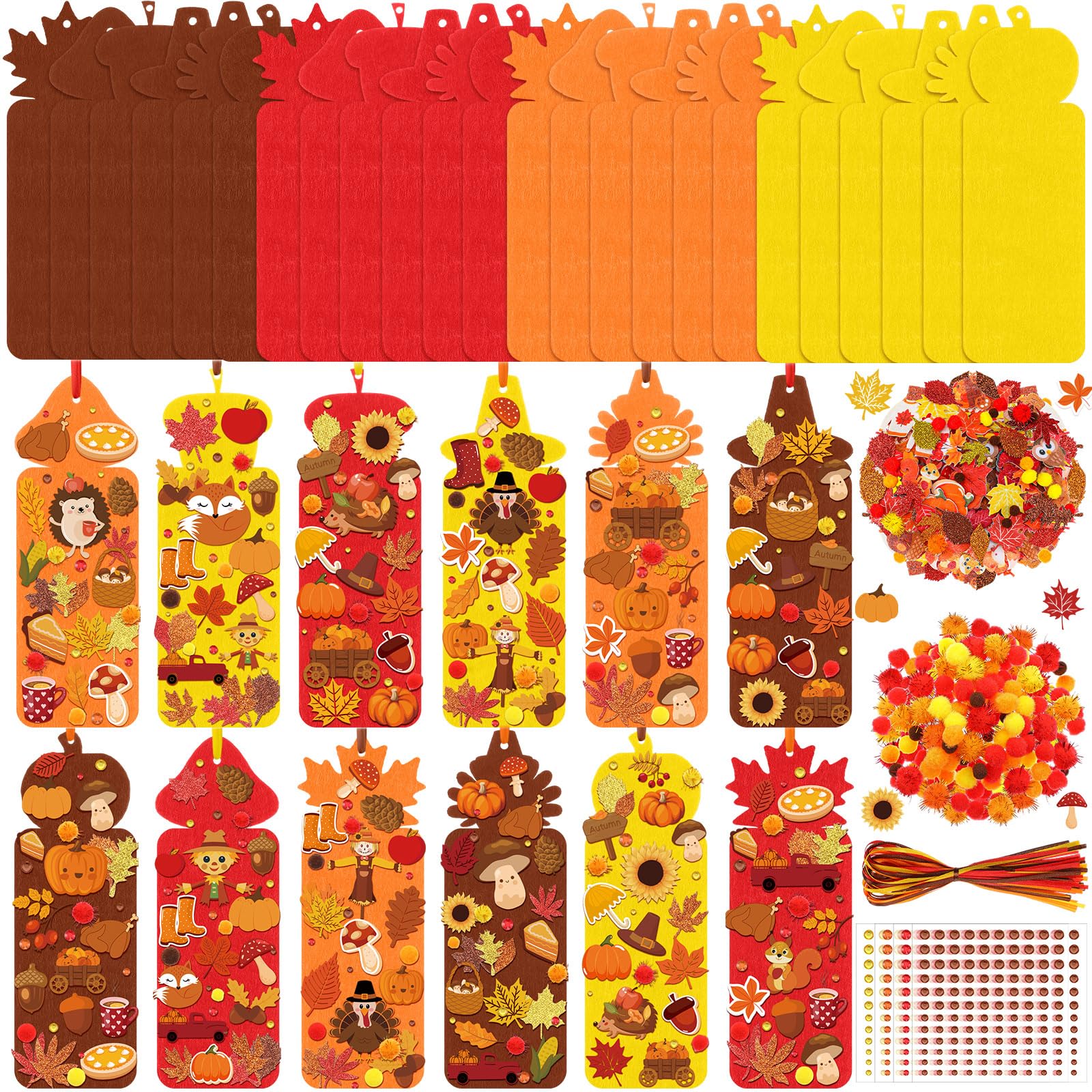 Resholder 48 Sets Thanksgiving Bookmark Crafts Kits 490 Pcs DIY Turkey Felt Decorations Art Bulk Fall Pumpkin Maple Leaf Craft K