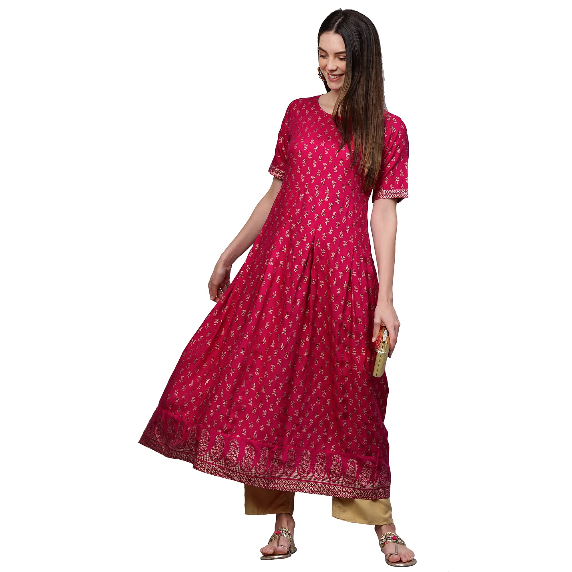 Anni Designer Women'S Rayon Printed Anarkali Kurta (Ninecolor Pink-Sty_Xxl_Pink_Xx-Large),Pink,2XL