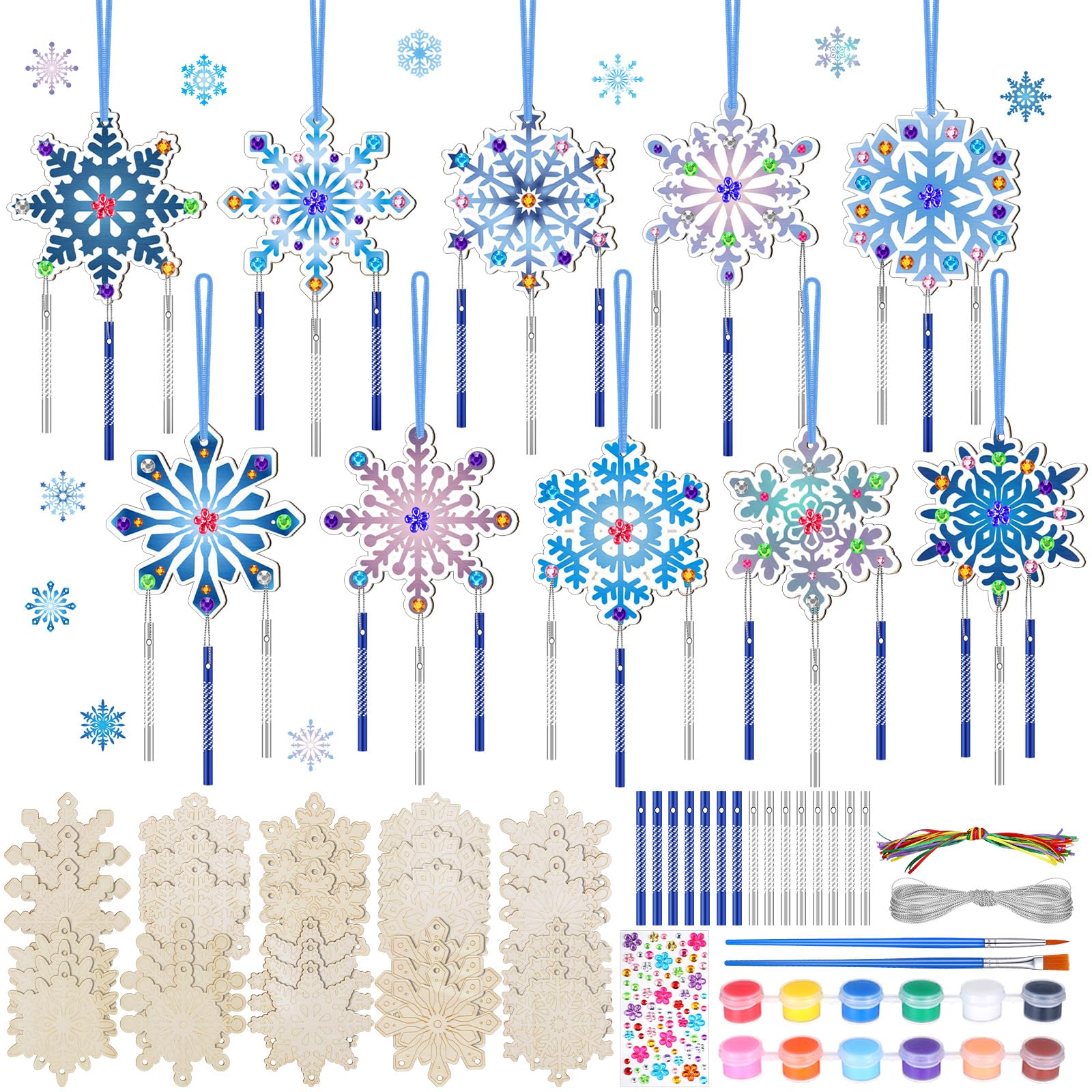 JellyArch 30 Pack Winter Snowflake Wind Chime Making Kit for Kids Make Your Own Wind Chime Wooden Ornaments for Girls and Boys D