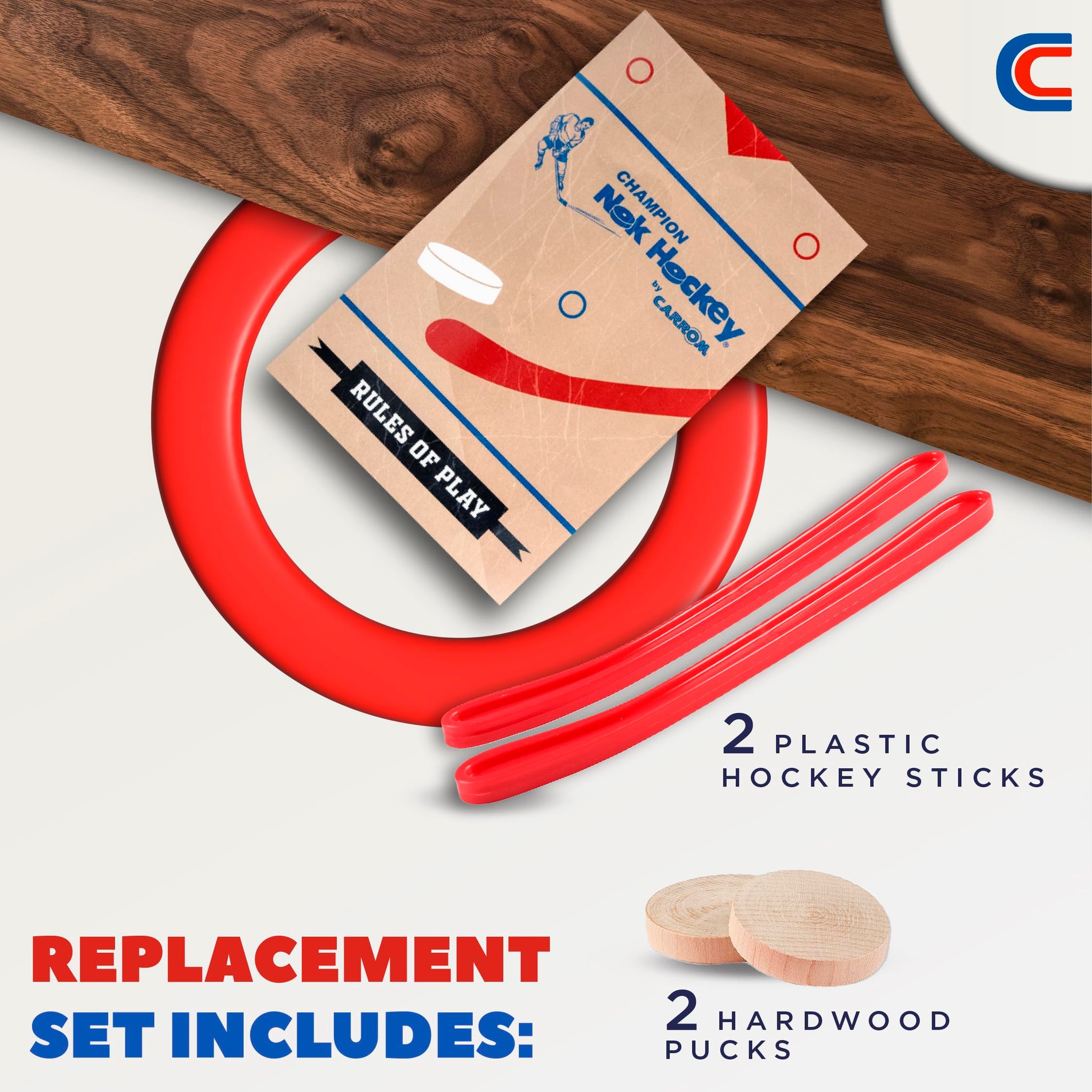 Carrom Champion Nok Hockey Game Equipment Set - Includes 2 Sticks and 2 Wood Pucks - Extra Accessories for Board Games for Adult