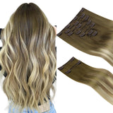 HOTBANANA Clip in Hair Extensions Real Human Hair, 135g 9pcs 14 inch Walnut Brown to Ash Brown and Bleach Blonde Straight Remy C
