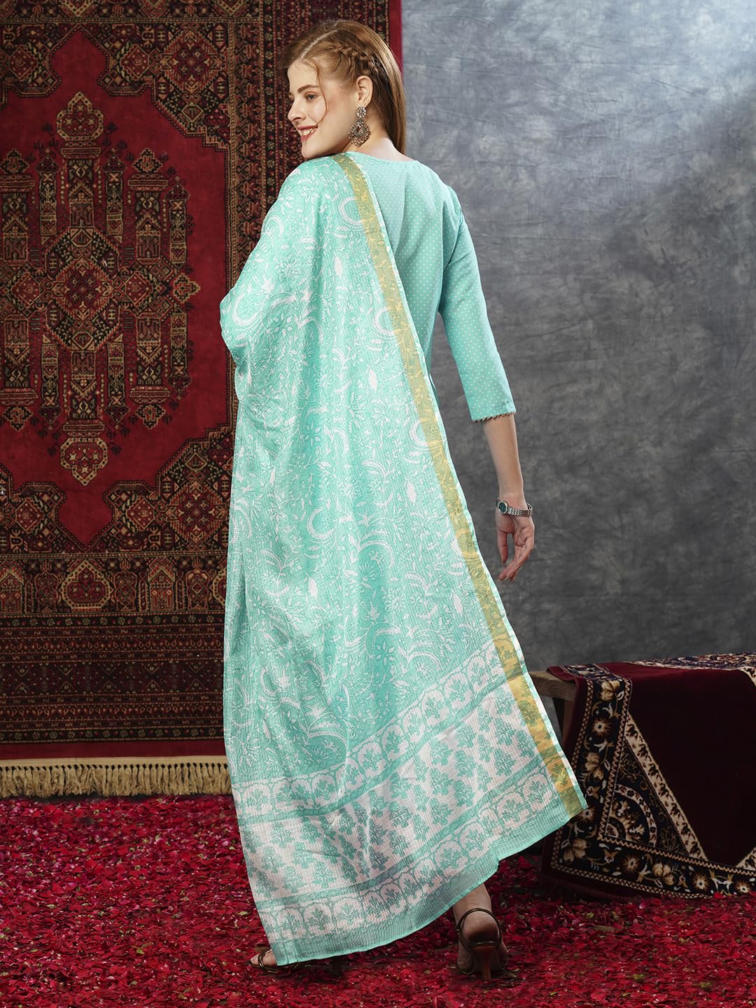 Gosriki Women'S Cotton Blend Straight Embroidered Kurta With Pant & Dupatta (Vally See Green-Jl-Gs_Xl_See Green_X-Large),See Green,,B0D73Y979T