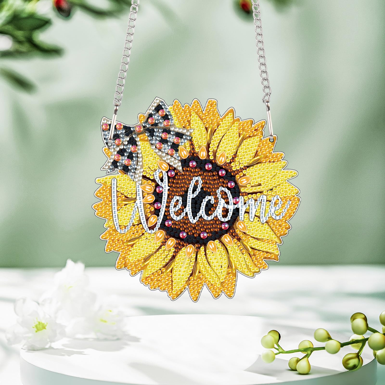 Diamond Art Painting Hanging Pendant DIY Welcome sunflower 5D Special Shape Crystal Diamond Art Partial Mosaic Making Craft Wrea
