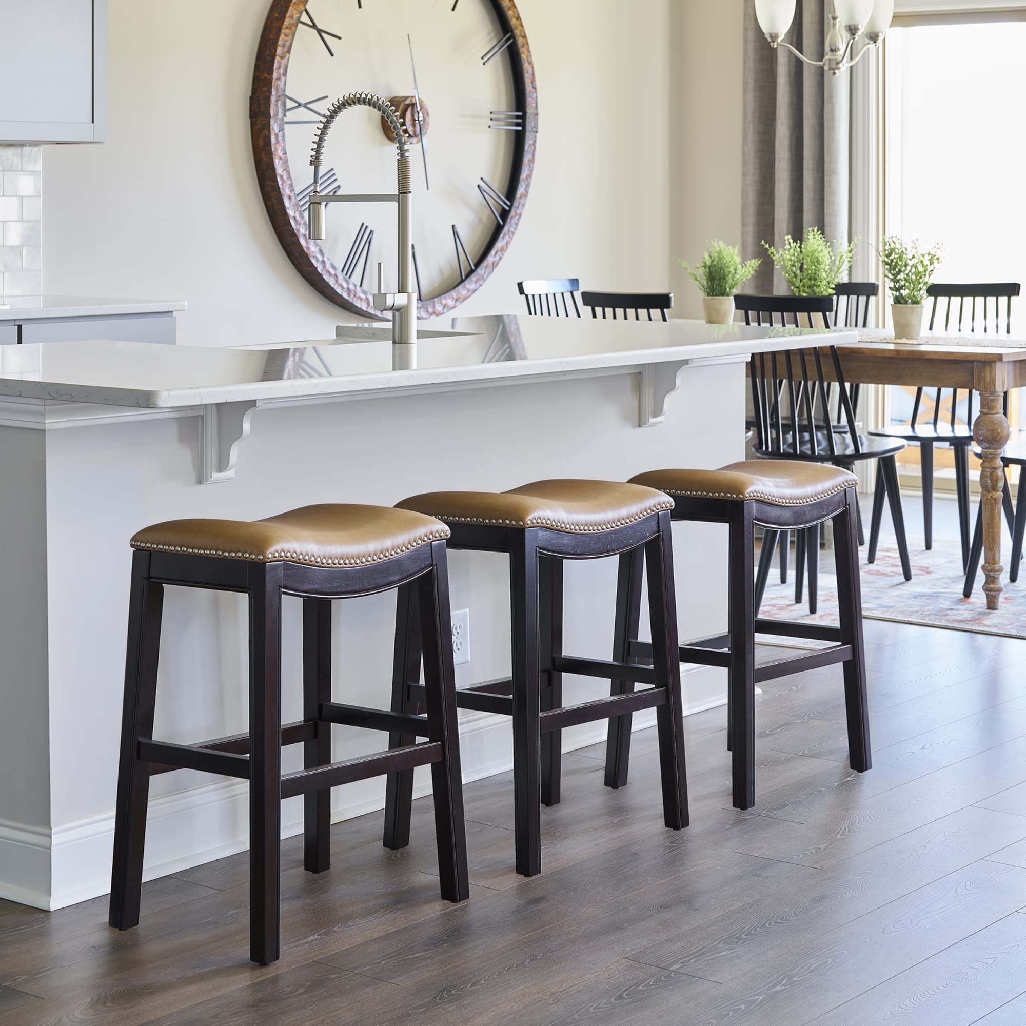 New Ridge Home Goods Julian 26In. Counter-Height Backless Wood Saddle-Seat Barstool, Espresso Frame With Tan Upholstered Seat