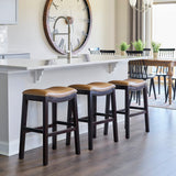 New Ridge Home Goods Julian 26In. Counter-Height Backless Wood Saddle-Seat Barstool, Espresso Frame With Tan Upholstered Seat
