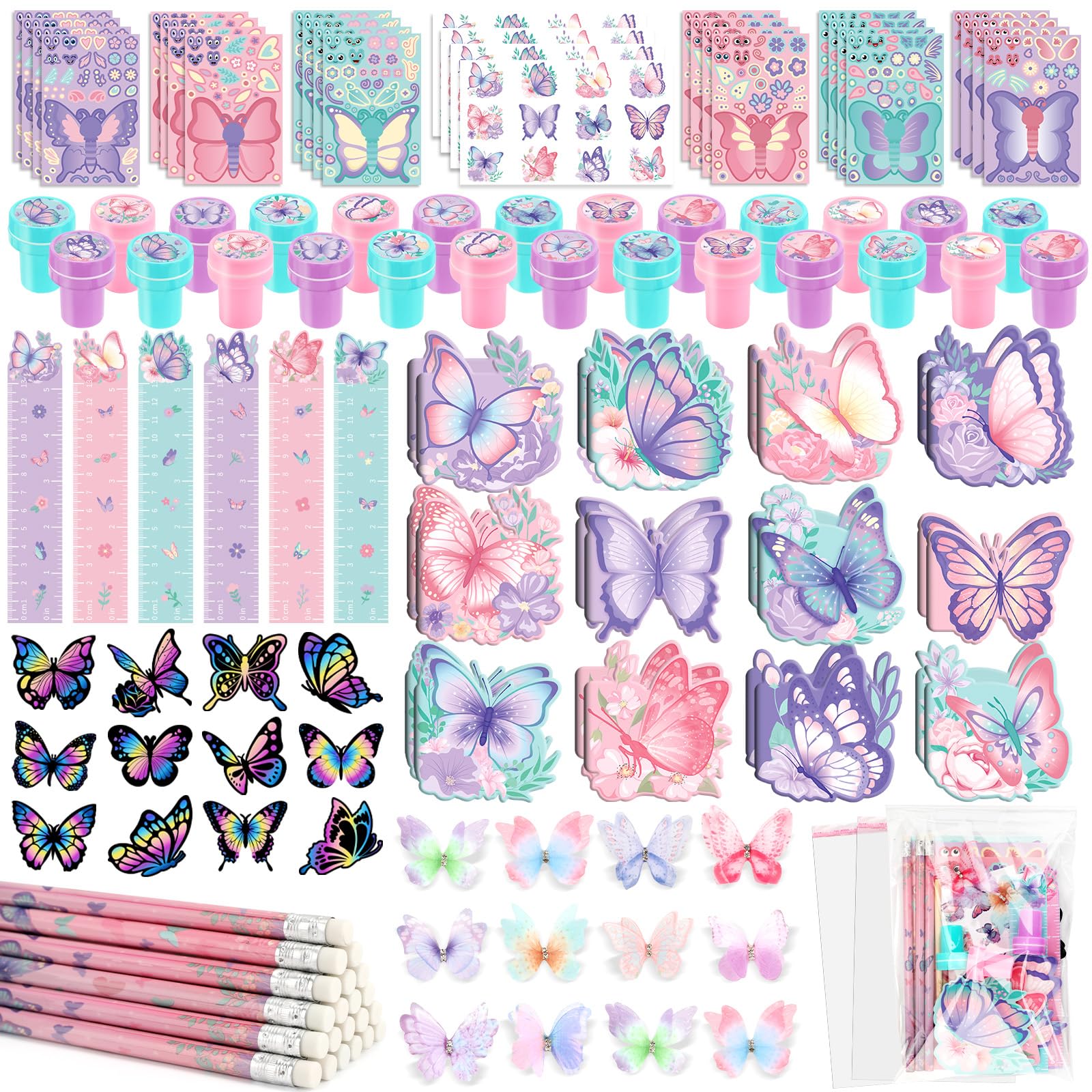 BenLouis 108Pcs Butterfly Party Favors Butterfly Fairy School Stationery Set Bulk for Kids Spring Flower Tea Birthday Birthday G
