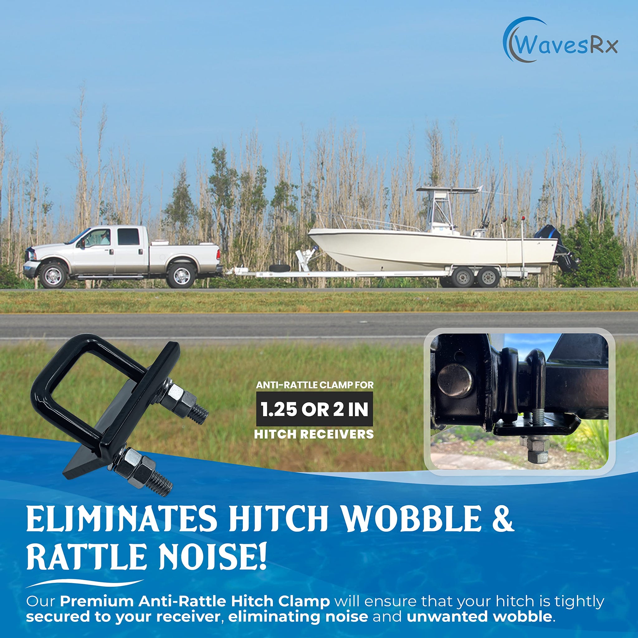 WAVESRX Trailer Anti Rattle Hitch Tightener Clamp for 1.25 and 2 - Stainless Steel Hitch Stabilizer 2 inch Antisway Clamp &