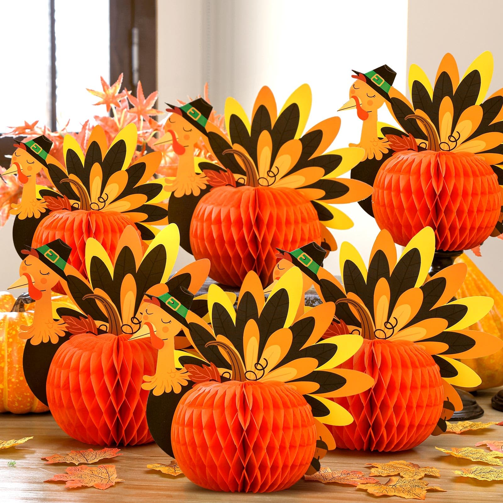 Fourluoo 6 Pcs Thanksgiving Table Centerpiece Decorations Paper Turkey Decor Thanksgiving Honeycomb Decorations 3D Paper Turkey 