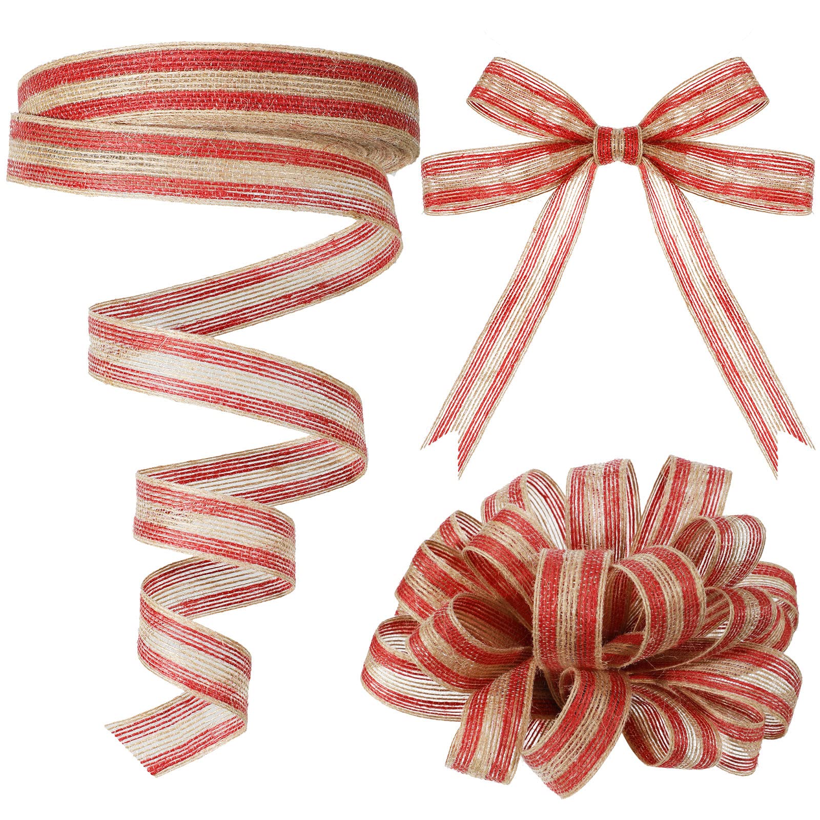 Rtteri 98.4 Ft Christmas Burlap Ribbon Roll Red Burlap Ribbon Gunny Sack Natural Stripe Ribbon Linen Rope Ribbon for DIY Craft W