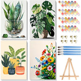 4 Pack Paint by Numbers for Adults with Framed Canvas - with Wooden Easel, Plant Paint by Number for Beginners, Easy Flowers Acr