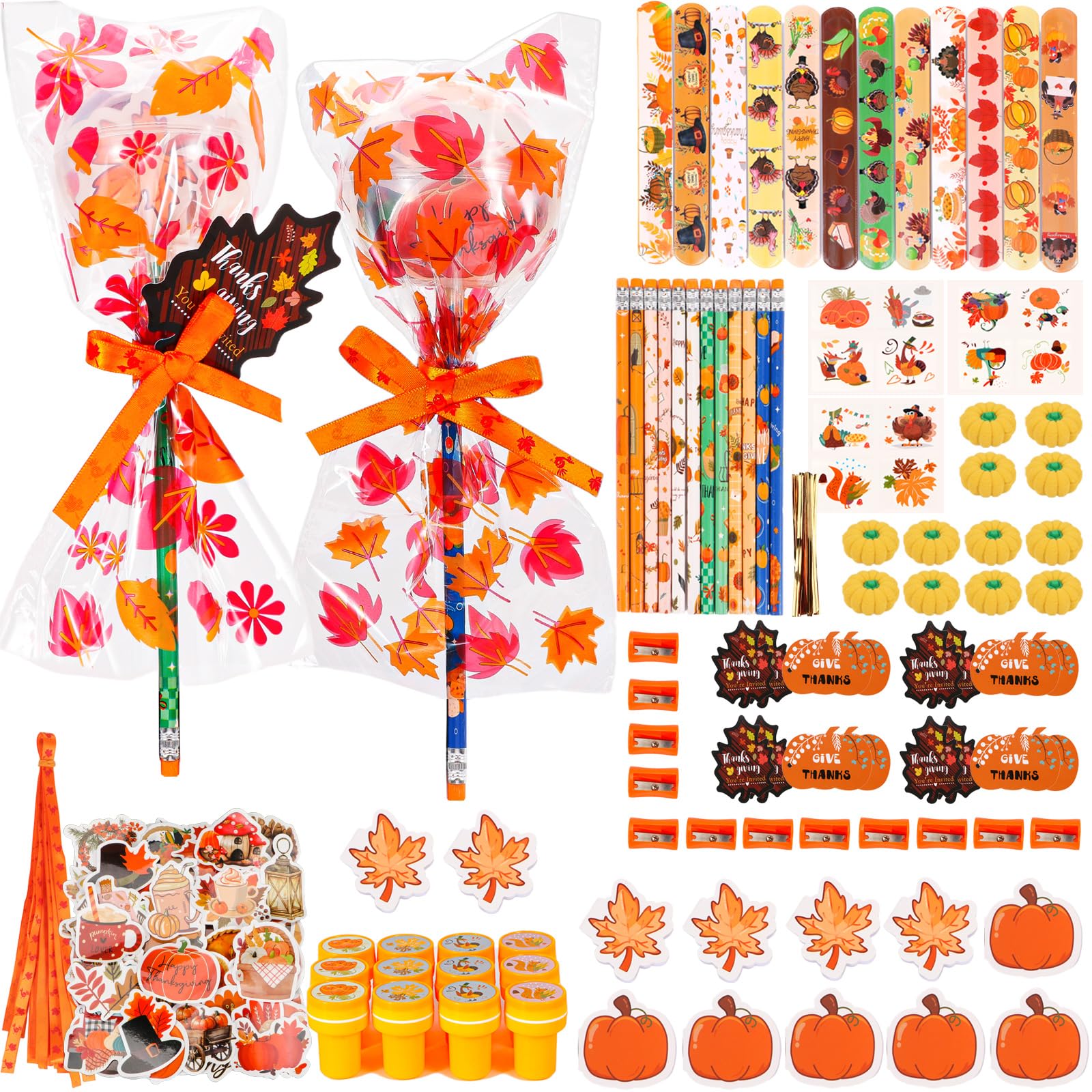Totstio 182 Pcs Thanksgiving Party Favors, Fall Party Favors with Thanksgiving Cards Pencils Stickers Erasers Stampers Sharpener