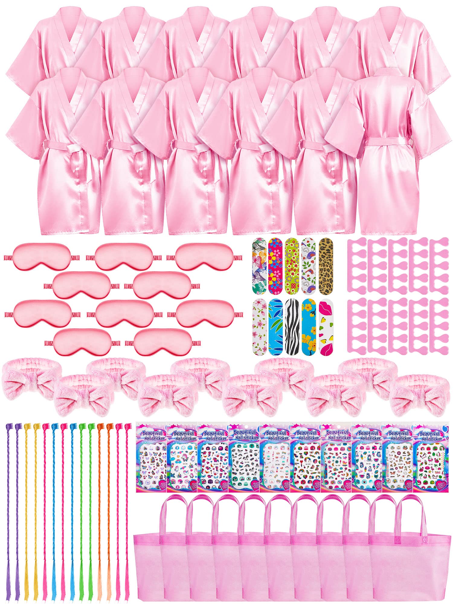 Xuhal 92 Pcs Spa Party Favors for Girls Slumber Party Supplies Kids Satin Robes Sleepover with Gift Bags for Girl Kids Birthday 