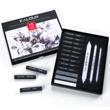 KALOUR 15 Pro Compressed Charcoal Drawing Set with Blending Stumps- Soft,Medium,Hard and White Charcoal - Charcoal Sticks for Dr
