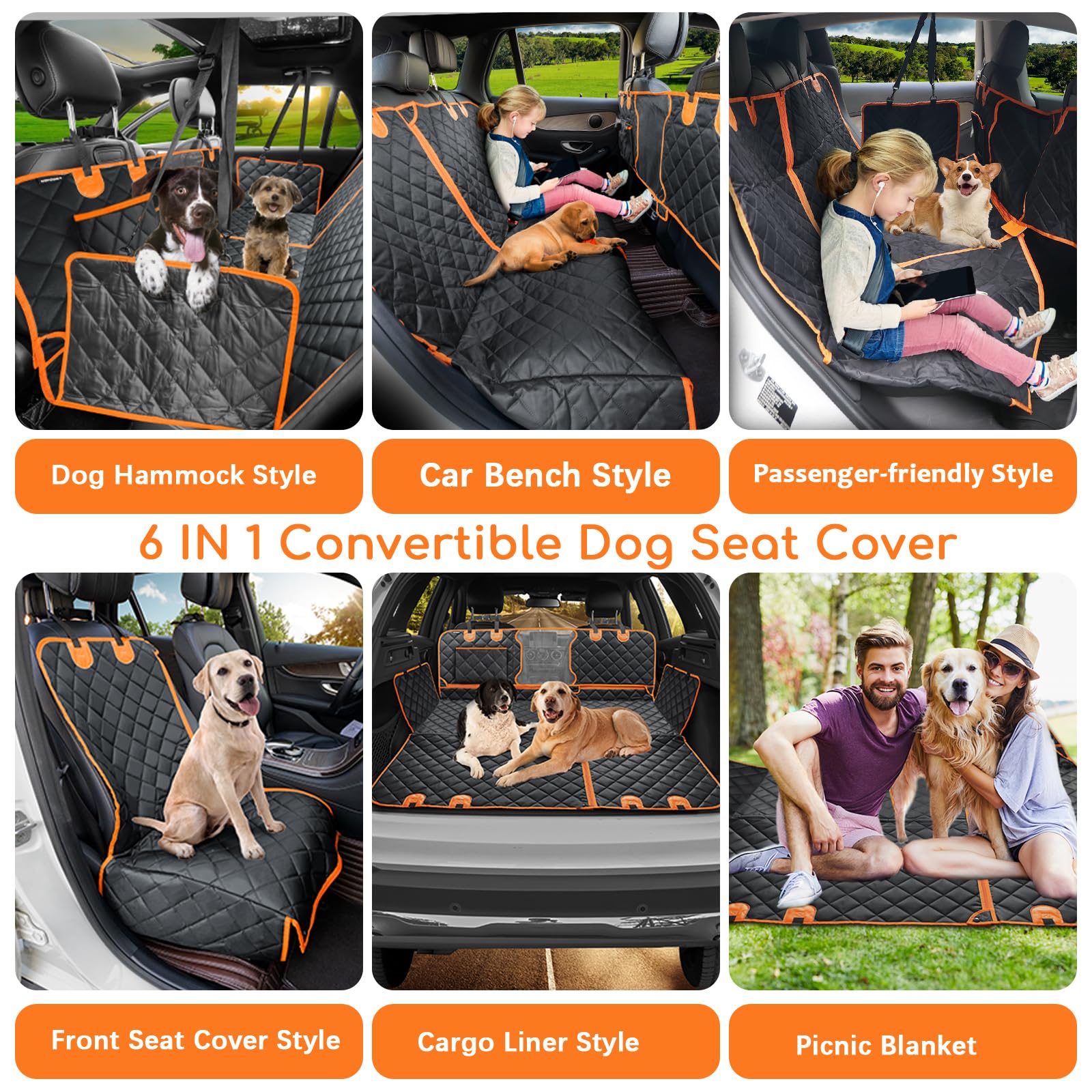 URPOWER 6 in 1 Convertible Dog Car Seat Cover for Back Seat 60/40 Split Dog Seat Cover 100% Waterproof Dog Hammock for Car Nonsl