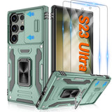 for Samsung Galaxy S23 Ultra Case with [2 Pack] HD Screen Protector & Slide Camera Cover, 360 Rotation Ring Kickstand [Military 