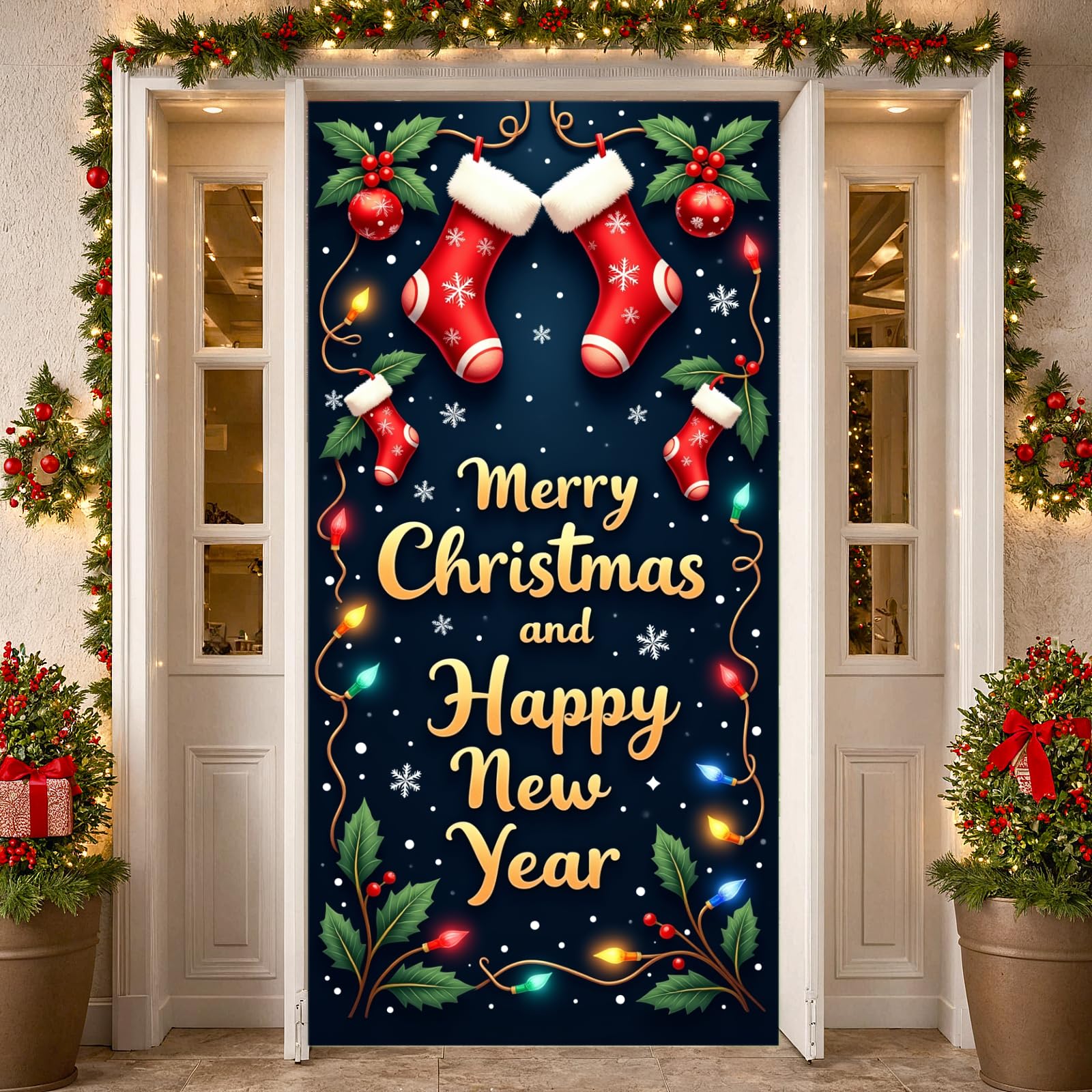 Large Christmas Door Cover Merry Christmas and Happy New Year Door Banner with Red Stockings and String Lights Party Holiday Por