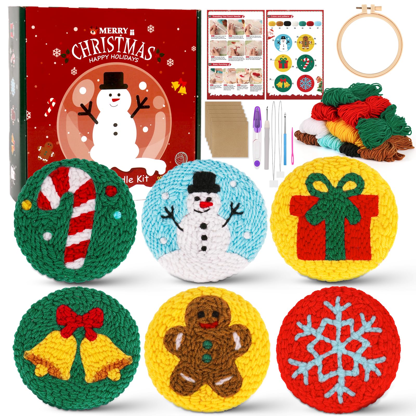 Sukhumvit 6PCS Christmas Punch Needle Coaster Kit, Beginners Punch Needle Set with 6 Tufted Patterns, Yarns, Hoop & Adhesive Pad