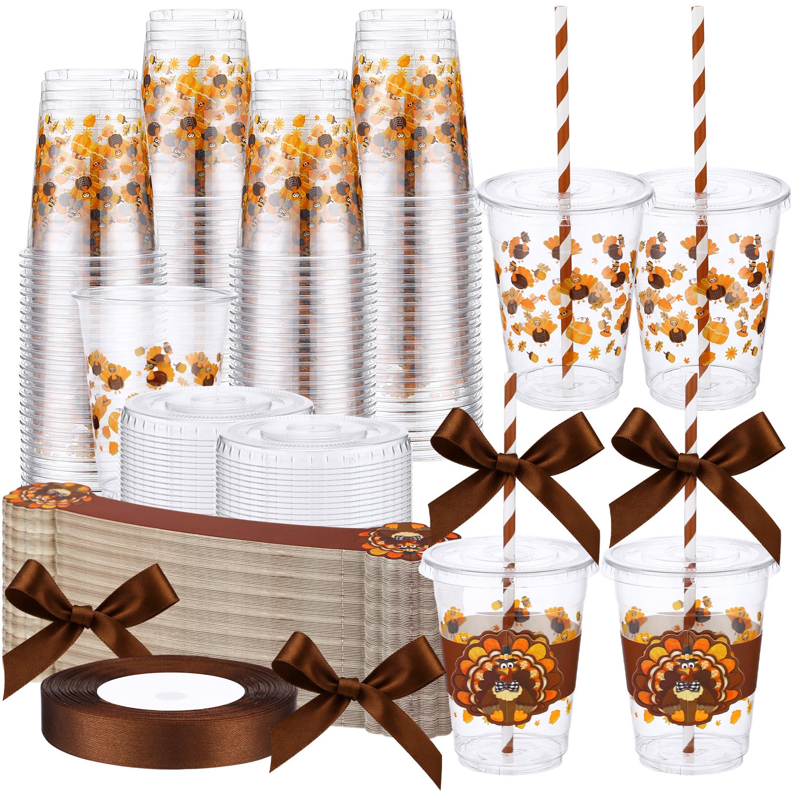 Jingmore 60 Pcs 12 oz Thanksgiving Turkey Plastic Cups Bulk with Lids Sleeves and Straws Fall Autumn Pumpkin Maple Leaves Dispos
