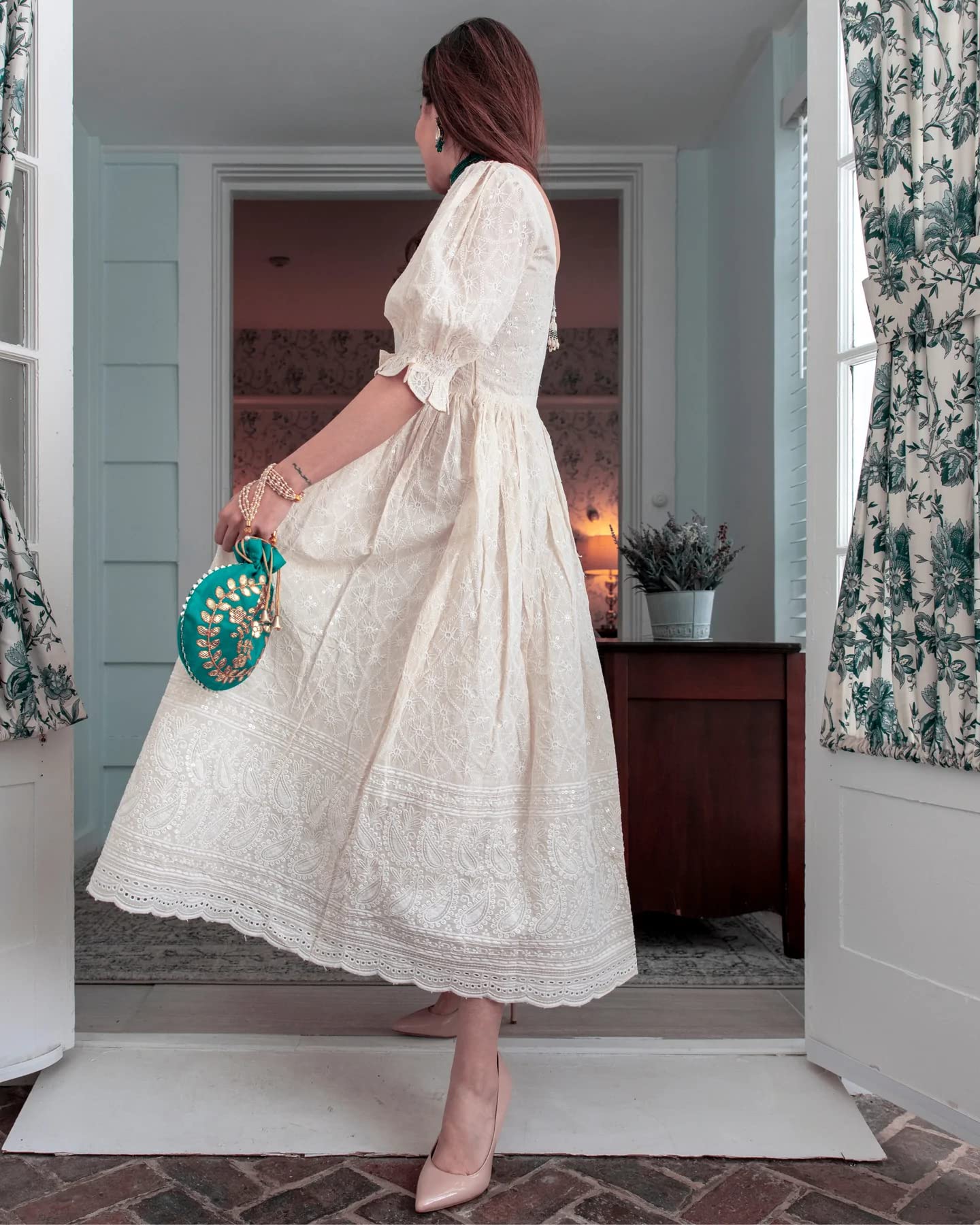 Anni Designer Women'S Pure Cotton Chikankari Embroidered Anarkali Kurta (Shring Cream_L_Cream_Large),Cream,L,Cotton Blend,Anarkali,kurta