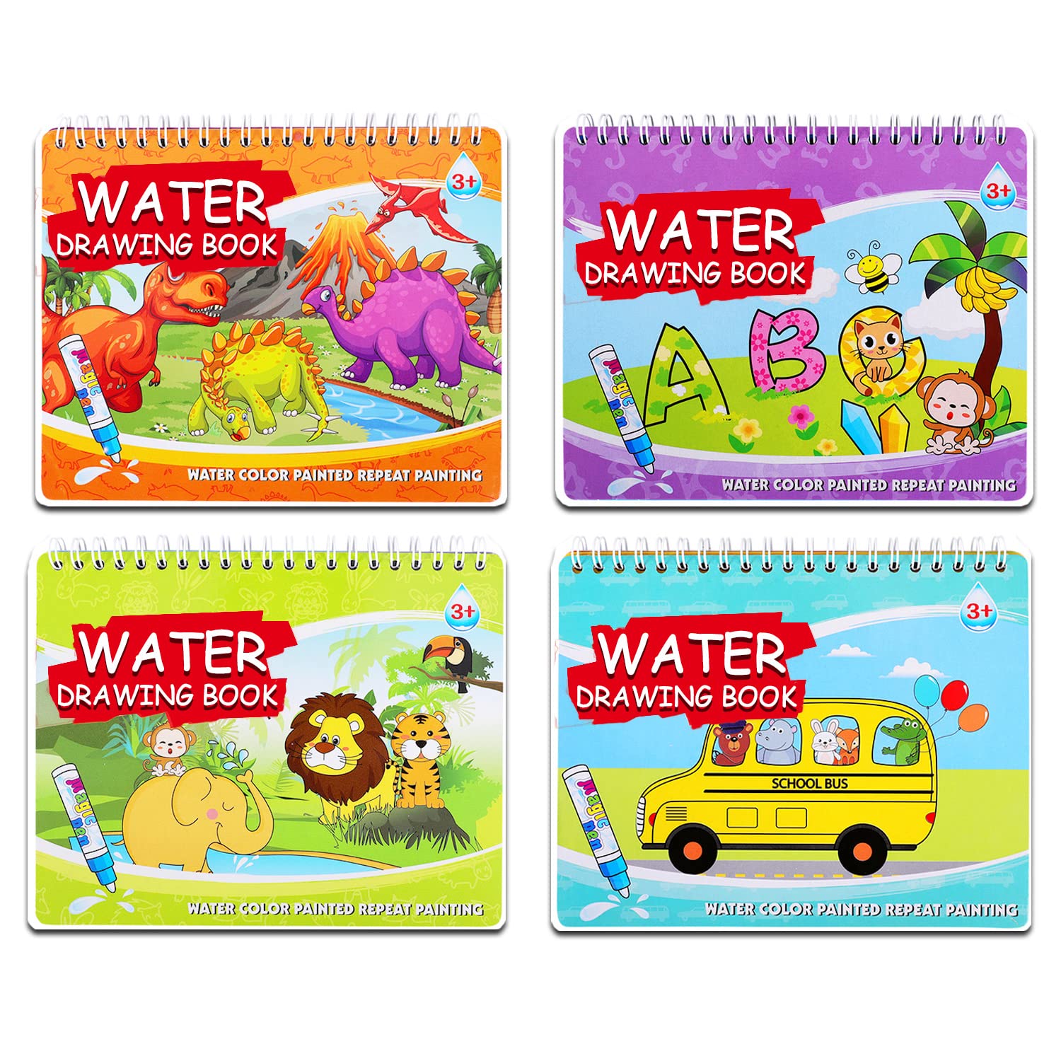 4 Pack Water Drawing Book,Water Coloring & Doodle Book,Reusable Water Reveal Activity Books for Kid,Painting Color Wonder Colori
