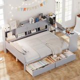 Polibi Full Size L-Shape Wood Daybed with 3 Cabinets, 2 Under-Bed Storage Drawers & Study Desk, Built-in Bookshelf, Space Saving