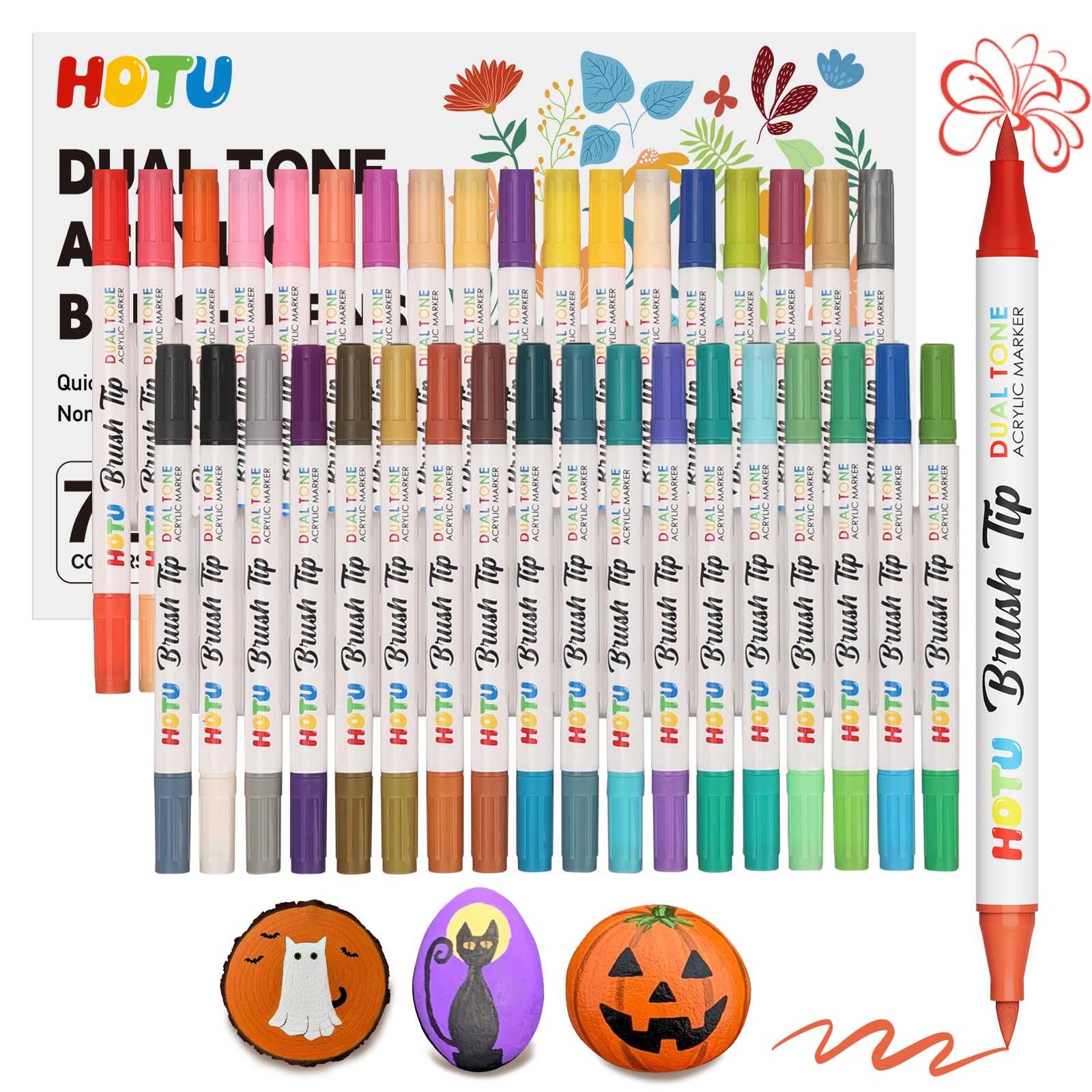 HOTU 72 Colors Acrylic Paint Markers, Acrylic Markers with 36 Dual-Brush Tip Paint Markers for Stocking Stuffers, Rocks, Colorin