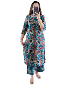 Anni Designer Women'S Rayon Viscose Straight Printed Kurta With Pant (Palhar Blue_L_Blue_Large),Blue,L