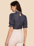 Wedani Women'S Casual Puff Sleeves Ruffled Collor Foral Top (Medium Navy Blue),Navy Blue,M,Rayon,Regular,