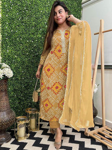 Gosriki Women'S Rayon Blend Straight Bandhej Printed Kurta With Pant & Dupatta (Turae Cream-Vks01-Gs_L_Cream_Large),Cream,,B0DPZ8M2SP