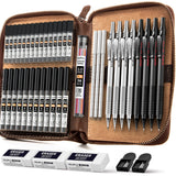 Nicpro 45PCS Black & Silver Metal Mechanical Pencil Set in Leather Case, Art Drafting Pencil 0.5, 0.7, 0.9 mm, 2mm Lead Holders 