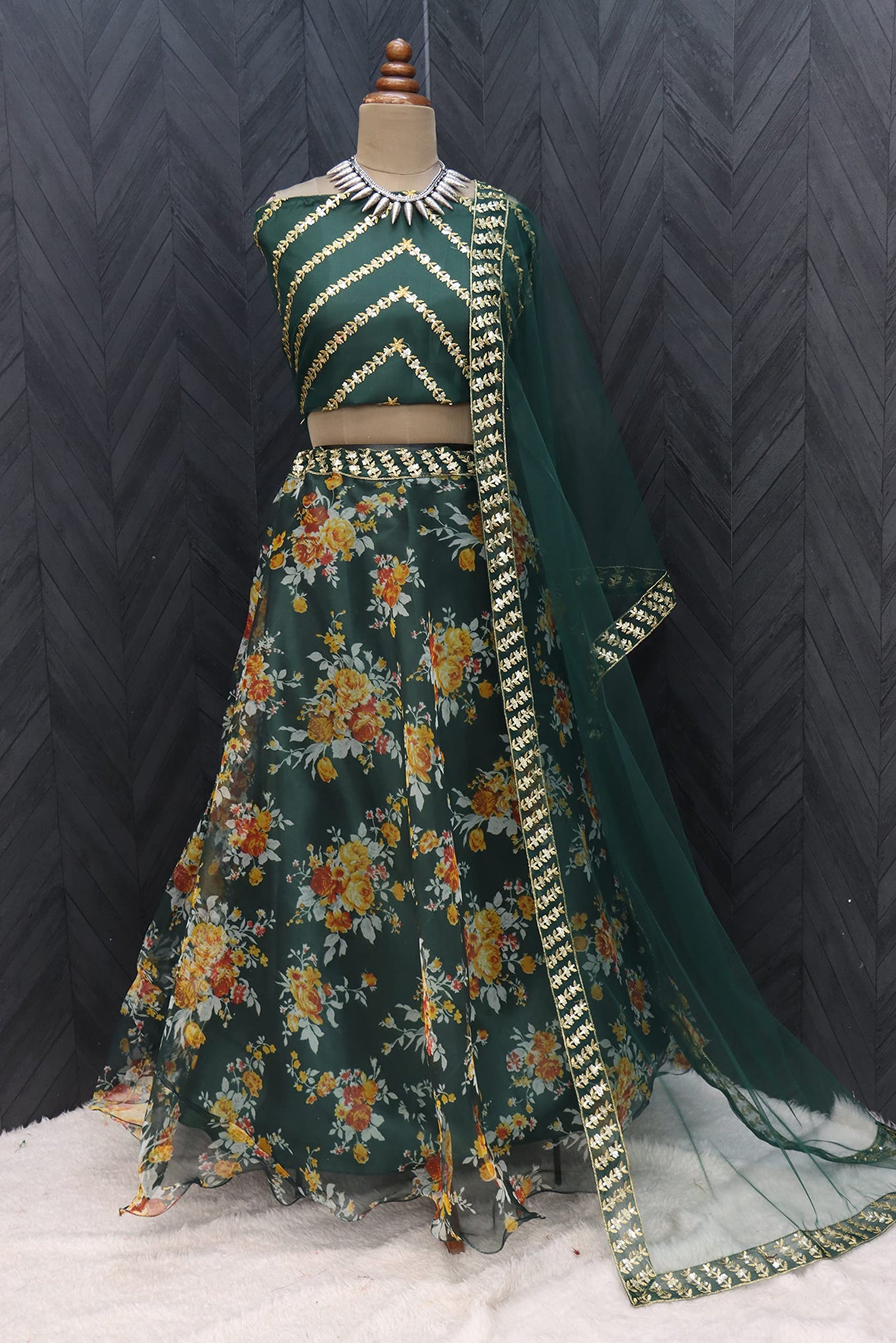 Fashion Basket Women'S Floral Organza Semi Stitched Green Lehenga Choli Green Free Size Fb-Lh-L8097-Green