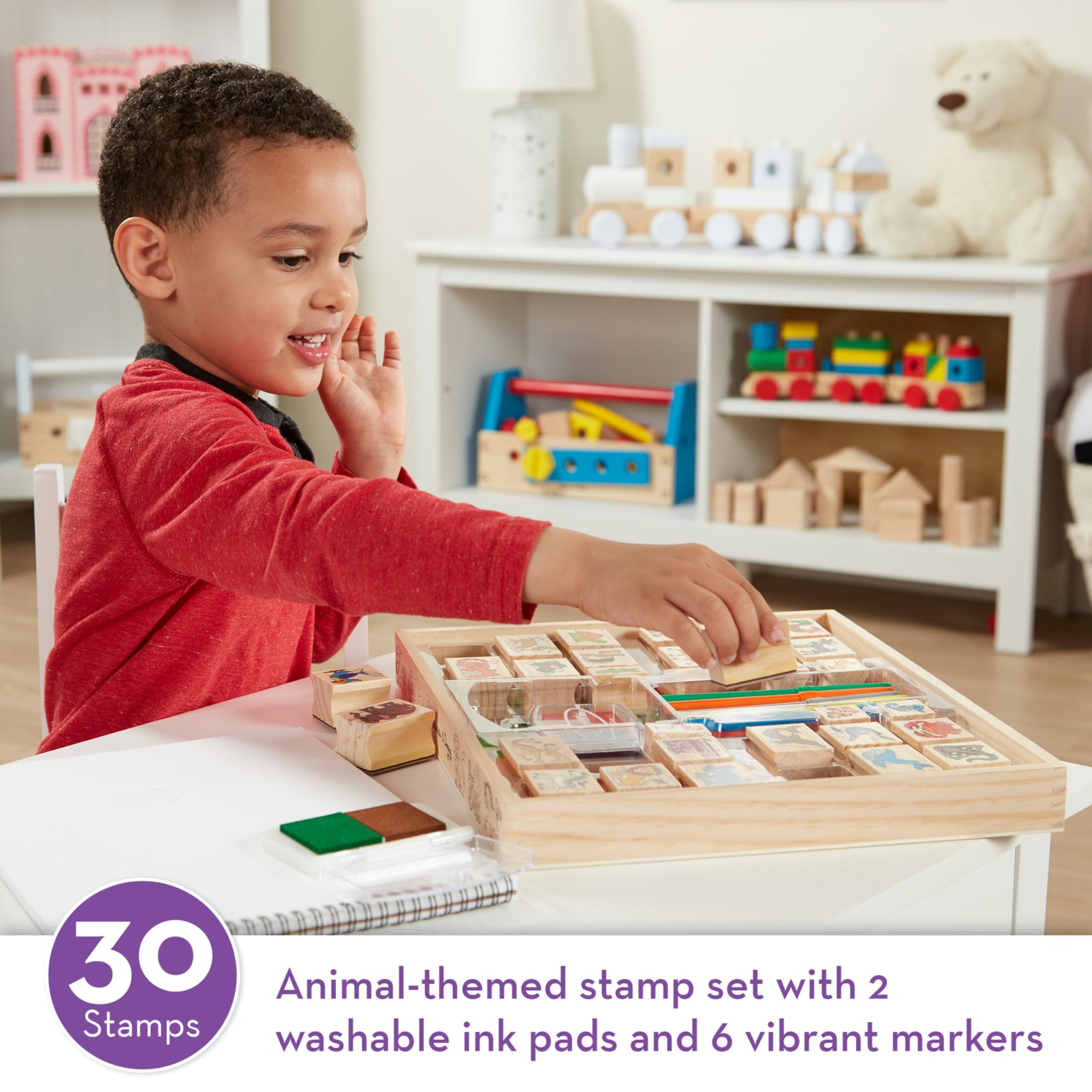 Melissa & Doug Deluxe Wooden Stamp Set: Animals - 30 Stamps, 6 Markers, 2 Stamp Pads - Kids Art Projects, With Washable Ink, Woo