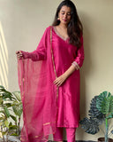 Anni Designer Women'S Cotton Blend Kurta With Pant & Dupatta (Bagicha-Rani_Pink_Xxxx-Large),Pink,4XL,Cotton Blend,Kurta Set,Kurta, Scarf