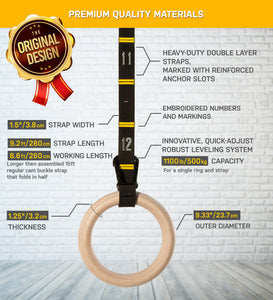 Double Circle Wood Gymnastic Rings 1.25 Inch, with Quick Adjust Numbered Straps and Exercise Videos Guide for Full Body Workout,