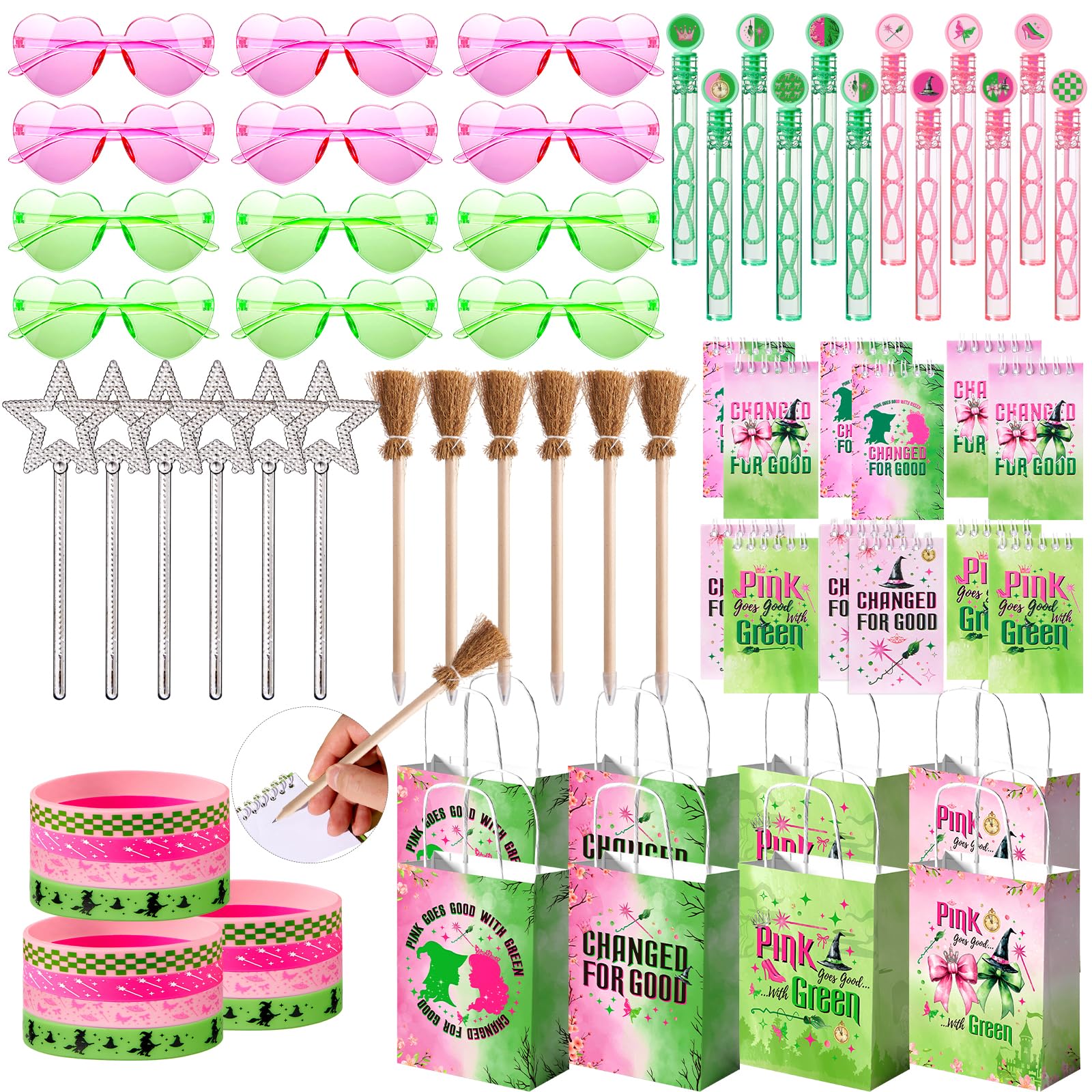 Vanblue 72Pcs Pink and Green Witch Party Favors Birthday Decorations,Star Wands,Glasses Goodie Bag Stuffers Pinata,Classroom Rew
