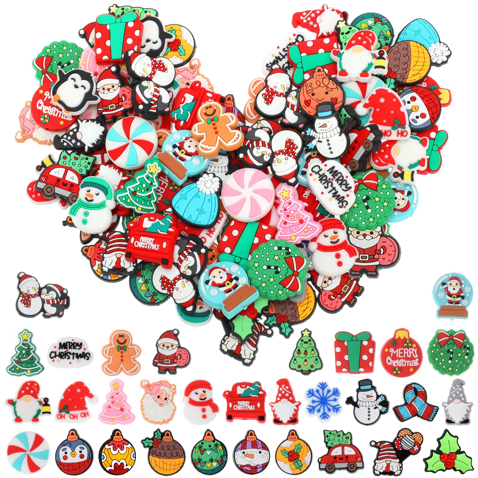Suncalla 72 Pcs Christmas Silicone Focal Beads for Pens Christmas Focal Beads Bulk Silicone Charms Santa Tree Snowman Bead for B