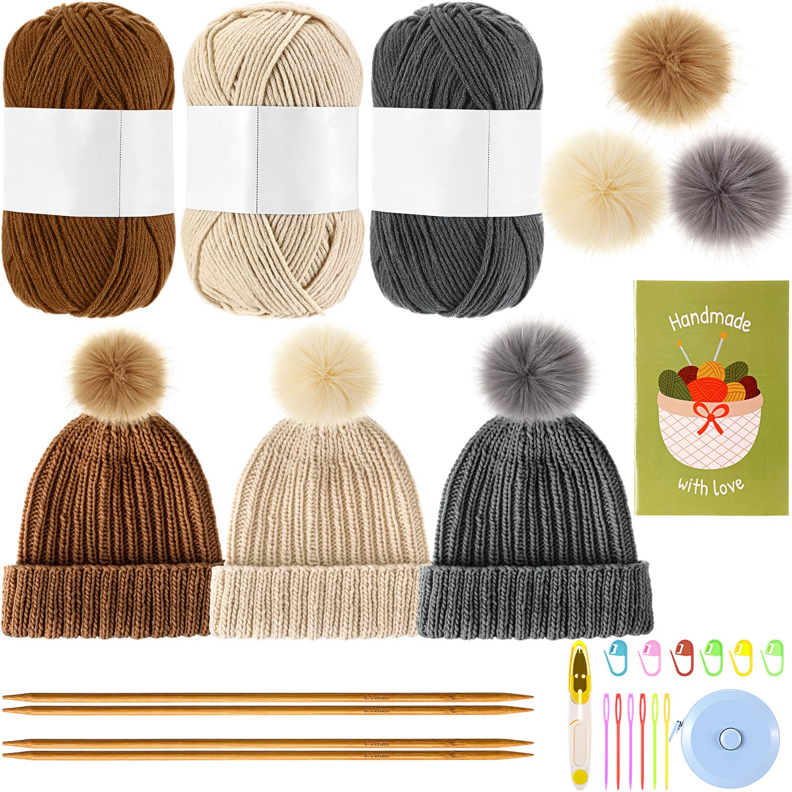 Maasechs Knitting Kit for Beginners Adults Complete Hat Knitting Kits Learn to Knit Kits with Yarn Bamboo Needle Pom Pom Step-by